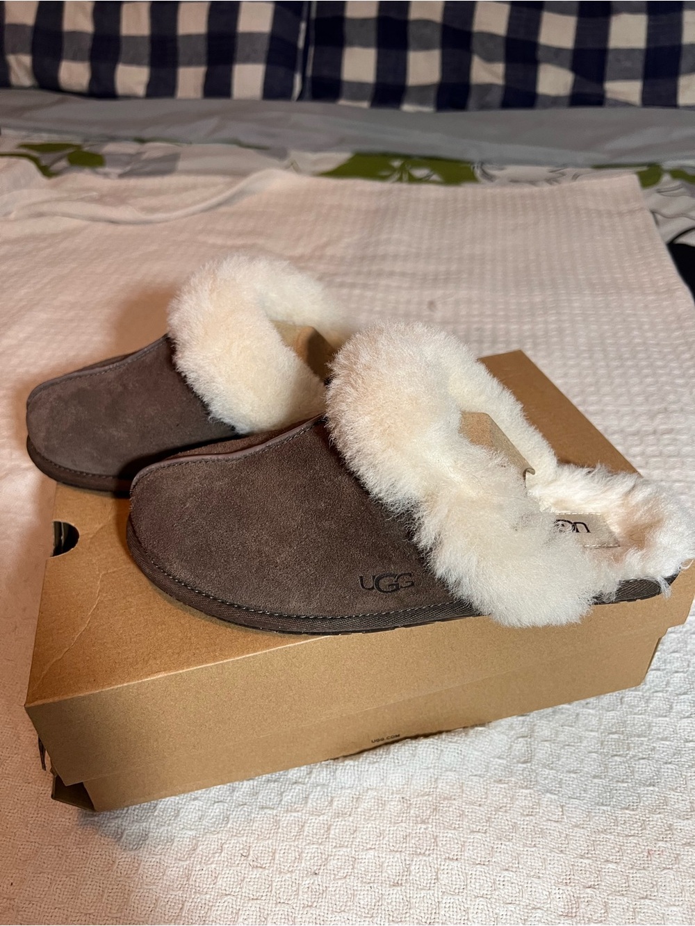 UGG Brown Suede Slip-On Slippers with Cream Shearling Trim